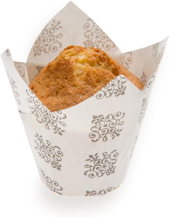Restaurantware Panificio 1.7 Ounce Baking Cups 200 Tulip Cupcake Liners - Oven-Ready Freezable Black And White Paper Muffin Cases Disposable Vintage Floral For Wedding Parties Baby Showers