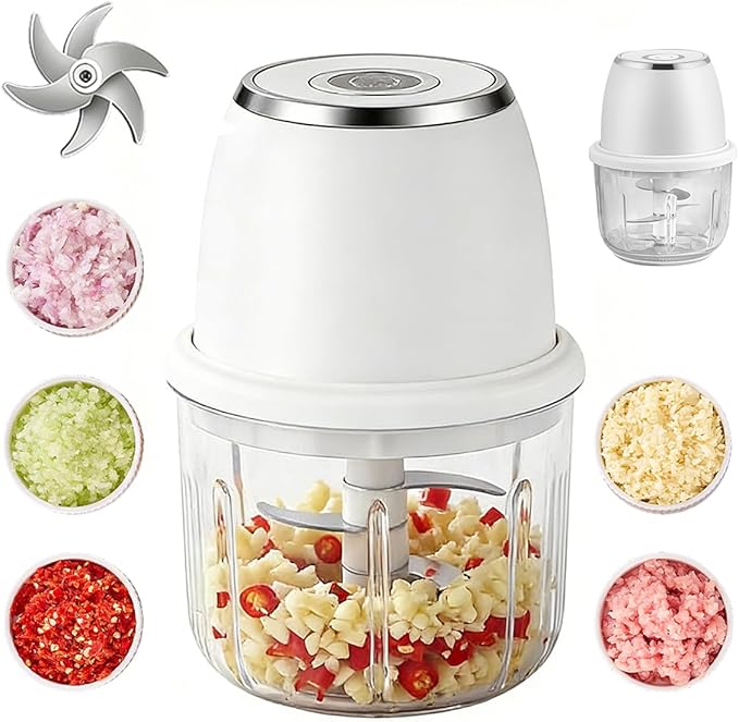 Electric Garlic Chopper, 2026 Upgraded Mini Food Processor 350ml, Cordless USB Rechargeable Food Chopper with 6 Stainless Steel Blades & Thickened Glass for Garlic Ginger Nuts Meat (350ml-White)