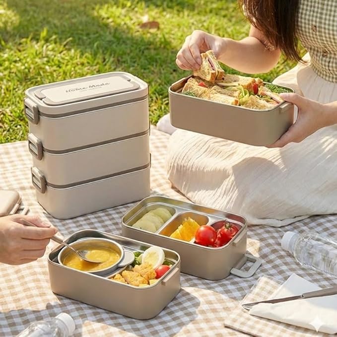 Bento Box Adult Lunch Box, Stackable 3-Layer 304 Stainless Steel for Adults, Office, 3L Capacity, Portable, Soup Bowl, Spoon & Fork, Metal Lunch Box, Tiffin
