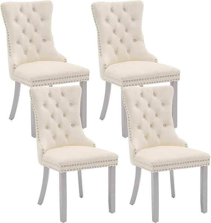 Velvet Dining Chairs Set of 4, Kitchen & Dining Room Chairs, Upholstered Dining Chairs with Back Ring Pull and Silver Solid Wood Legs, Modern Tufted Kitchen Chairs for Dining Room, Cream
