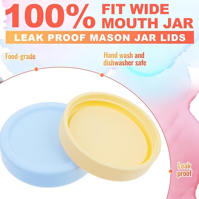 Teenyyou 12 Pcs Silicone Wide Mouth Lids Mason Jar Lids Thickened Leak Proof Lid for 86 mm All Wide Mouth Mason Jars, Reusable Large Canning Jar Caps(Macaron)