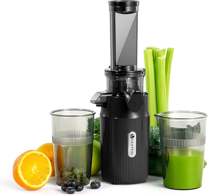 Ventray Ginnie Mini Cold Press Juicer, Small Slow Masticating Juicer for Vegetables and Fruits, High Juice Yield, Easy to Clean, Space-Saving, Fit for Personal/Travel/Picnic/Office (Black)