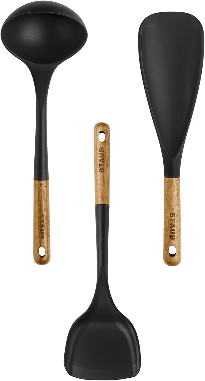 Staub Silicone with Wood Handle Cooking Utensil Set, Matte Black, 3-pc