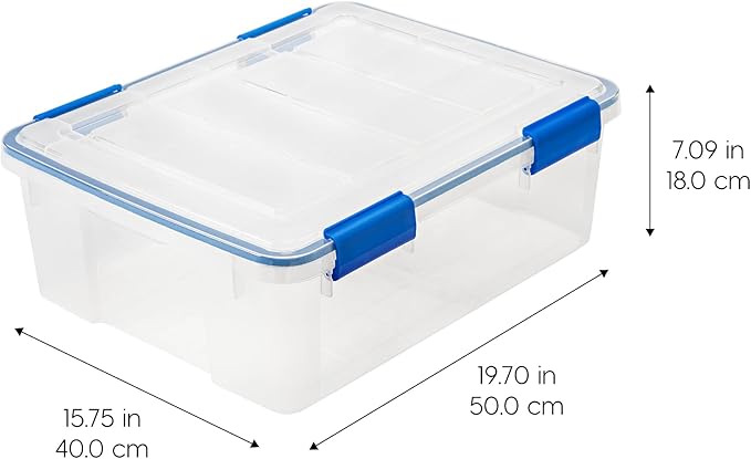 IRIS USA 26.5 Quart WEATHERPRO Plastic Storage Box with Durable Lid and Seal and Secure Latching Buckles, 3 Pack, Weathertight, Keep Pest Dust and Moisture Out, for Oversized Bulky Items, Clear/Blue