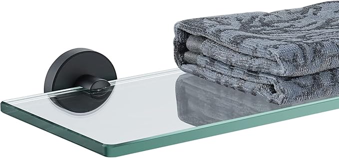 JQK Bathroom Glass Shelf Black, Tempered Glass Shower Storage 24 by 5 inches, 304 Stainless Steel Matte Black Wall Mount, TGS101L24-PB