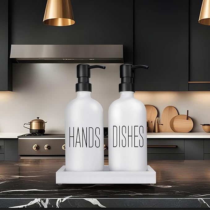 White Glass Hand Soap Dispenser and Dish Soap Dispenser for Kitchen| Kitchen Soap Dispenser Set |Black Soap Pumps Dispenser Set| Perfect for Luxury Kitchen Counter Décor