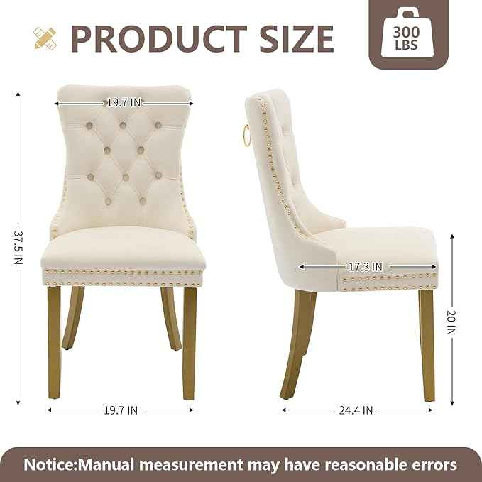Velvet Dining Chairs Set of 2, Kitchen & Dining Room Chairs, Upholstered Dining Chairs with Back Ring Pull and Golden Solid Wood Legs, Modern Tufted Kitchen Chairs for Dining Room, Cream