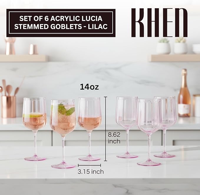 Khen Acrylic Lucia Stemmed Goblets - Unbreakable Wine Glasses Reusable Drinking Cups Dishwasher Safe Elegant Stemware for Cocktail Champagne | Kitchen Bar Party | Set of 6 |14oz | Lilac