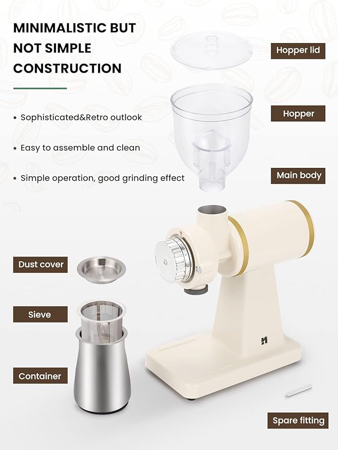 Huanyu Electric Coffee Bean Grinder 250G Commercial&Home Milling Grinding Machine 200W Automatic Burr Grinder Professional Miller 8 Fine - Coarse Grind Size Settings (White)