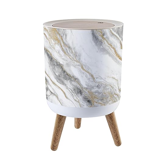 Trash Can with Lid White Gold Marble Texture Design Press Top Round Small Garbage Bin with Wooden Legs Waste Basket for Kitchen Bedroom Nursery 7L/1.8 Gallon