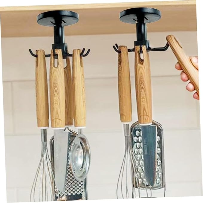 3pcs Kitchen Utensil Hooks Set with Rotating Under Cabinet Hanging Rack, Black Plastic Multi-Functional Wall Hook for Kitchen Storage and Organization