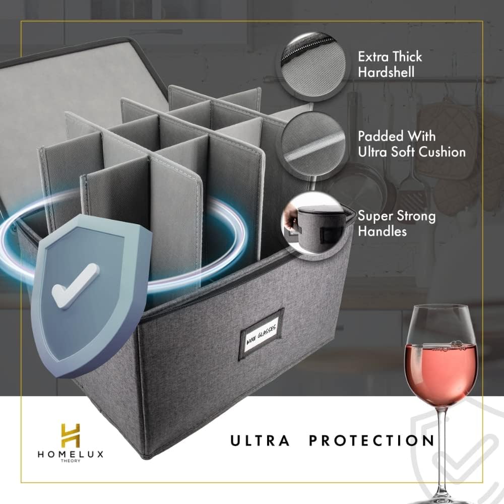 HOMELUX THEORY Mug Storage Box with Dividers Hard Shell China Storage Containers, Heavy Duty Coffee Cup Storage Box and Moving Boxes for Glassware Storage with Lid, Thick Surface, and Sturdy Handle