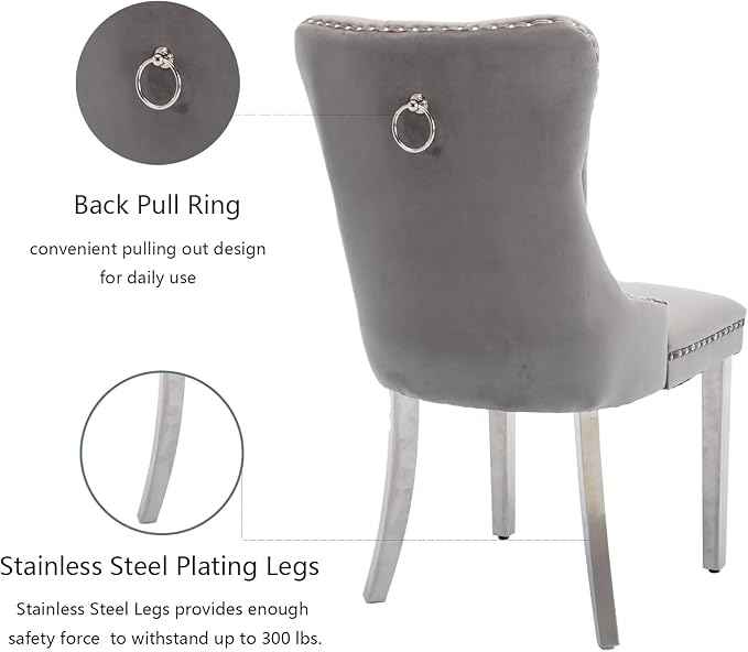 Dining Room Chairs Set of 4, Velvet Upholstered Dining Chairs with Back Ring Pull Trim and Sliver Stainless Steel Legs,Modern Dining Chair Perfect for Dining Room,Kitchen(Grey)
