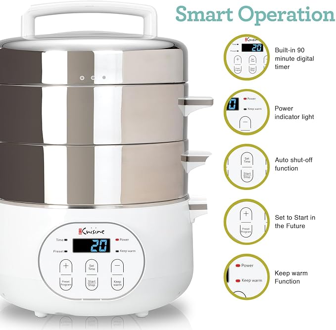 Euro Cuisine FS2500 Electric Food Steamer, Versatile Vegetable Steamer & Steam Cooker Ideal for Fish, Veggie, Meat, Stainless Steel 1200 Watts