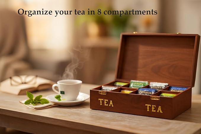 Wooden Tea Bag Storage Box – Sheesham Rosewood Tea Organizer with Brass Inlay, 8‑Compartment Tea Chest, Handcrafted Tea Box for Tea Lovers, Home Décor & Gifts