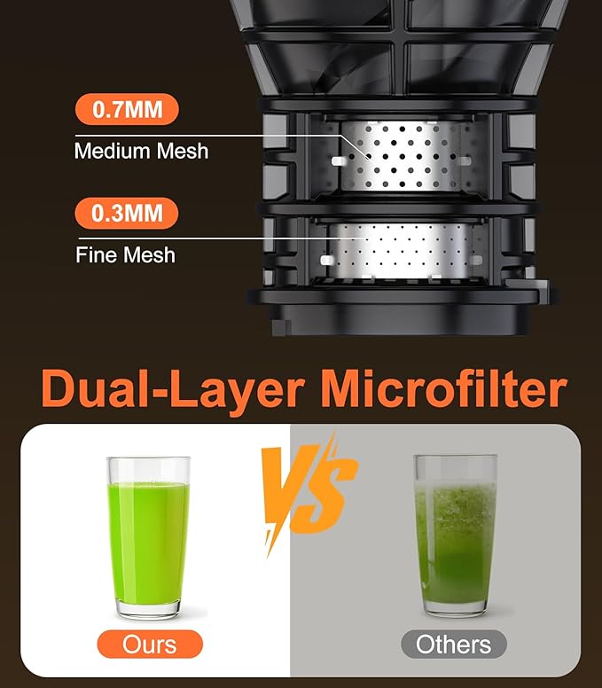 Juicer Machines, 5.3" Large Feed Chute Cold Press Juicer with Double Press Technology, 400W Motor, High Juice Yield, Easy to Clean, Masticating Juicer for Whole Vegetables & Fruits, Black
