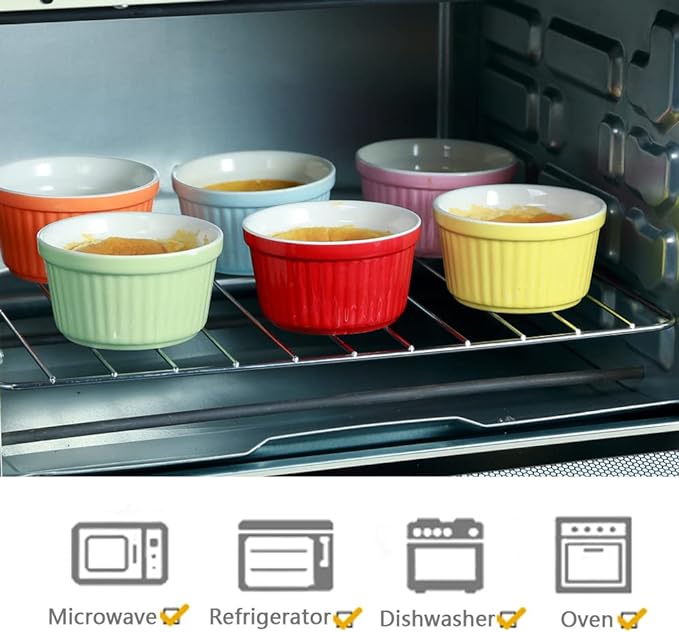 Ramekins 6oz Oven Safe,Creme Brulee Ramekin and Souffle Dishes,Porcelain Baking Bowls,Dipping Sauce Dish.Pudding Cups,Set of 6,Green.