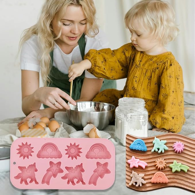 2 Pack Unicorn Molds Silicone 8 Cavity 3D Flying Unicorn Themed Baking Mould Tray with Cartoon Rainbow Meteors Sun for Kids' Party Chocolate Cake Topper Dessert Mousse Pastry Handmade Soap Crayons
