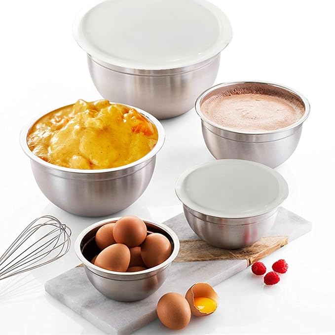 Mixing Bowls, 5Pcs Stainless Steel Mixing Bowl Set, Utensils for the Kitchen, Multifunctional, Stackable, Dishwasher Safe, 3.75L / 3.25L / 2.5L / 2L / 1.3L (With lid)