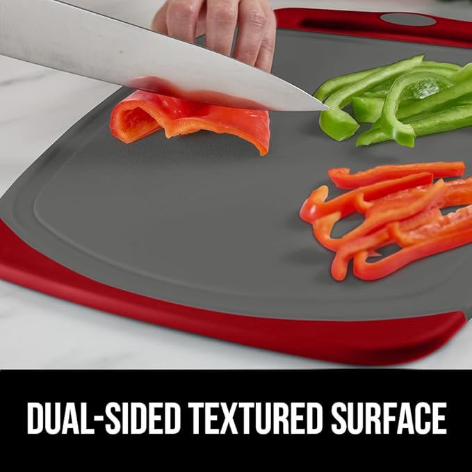 GORILLA GRIP BPA-Free Reversible Kitchen Cutting Board Set of 3, US Designed, Nonporous, Juice Grooves Catch Liquid, Slip Resistant Border, Dishwasher Safe, Durable Large Food Chopping Boards Red Gray
