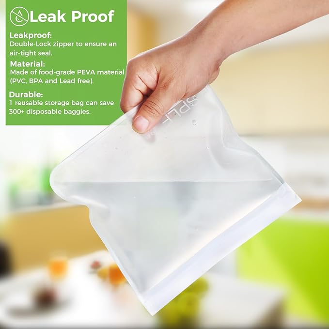SPLF 10 Pack Dishwasher Safe Reusable Snack Bags, BPA Free Reusable Food Storage Freezer Bags Leakproof Silicone and Plastic Free Lunch Bags Fridge Home Organization