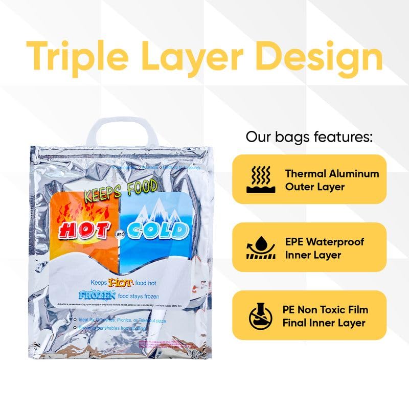 Superio Hot and Cold Insulated Bags for Food Delivery, Grocery Shopping Bags, Food Storage for Hot and Frozen Food for Travel, Disposable Cooler Bag, Reinforced Thermal Lunch Bag (10, 12"x13.5")