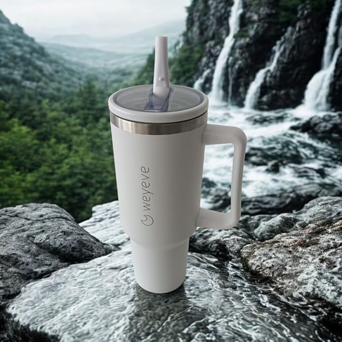 40oz Tumbler with Handle, Flip Straw, and Leak-Proof Lid – Stainless Steel Double Wall Insulated Travel Mug (Pure White)