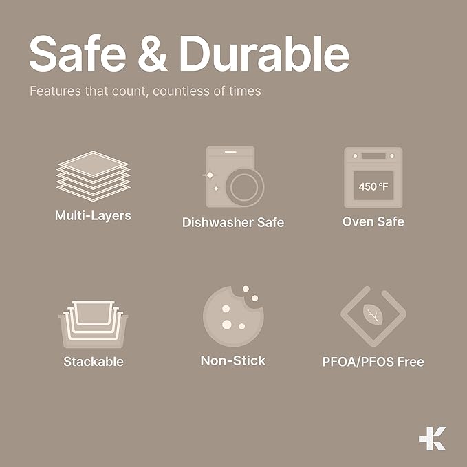 BAKKEN Kitchen Baking Pans - Medium (15.15 × 10.03") and Large (17.1 x 11.8") Nonstick Sheets, Carbon Steel Cookie Sheets with White Silicone Handle, PFOA, PFOS, PTFE Free, Oven Safe (450°F), Set of 2