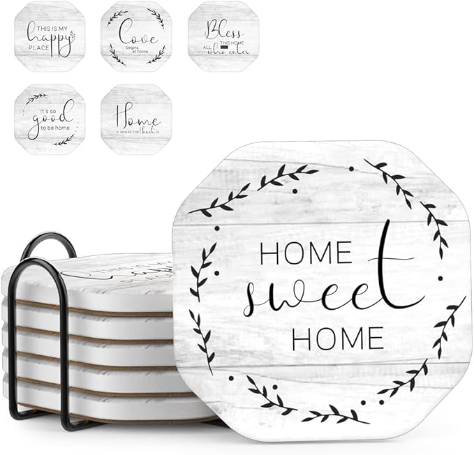 UMIRRO Rustic Farmhouse Coasters for Wooden Table, Modern Ceramic Coasters with Holder for Coffee Table Decor, Housewarming Gifts for New House/Home, Assorted Design, White, 4", 6 Pack