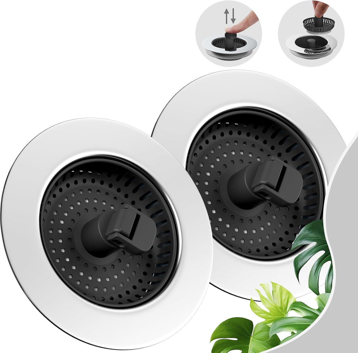 Hibbent 2 Pack Universal 3 in 1 Kitchen Sink Drain Strainer with Sink Stopper, Chrome Stainless Steel Wraped Shell, Anti-Clogging Basket Strainer with Handle, Fit for US Standard 3-1/2" Drain, Black