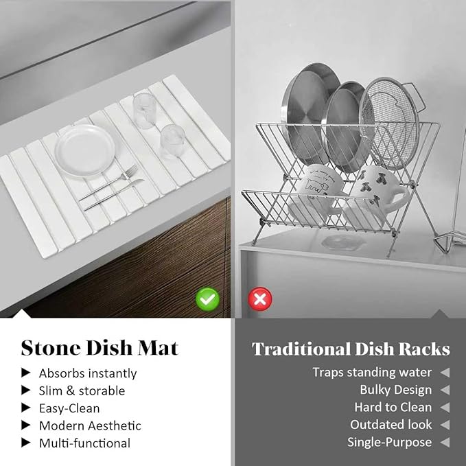 Large Stone Dish Drying Mats for Kitchen Counter, 28"(L)×16"(W), Quick Drying Collapsible Dish Drying Mat, Absorbent Eco-Friendly Diatomaceous Earth Mats for Dishes Bottles, Match Any Countertop
