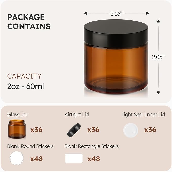 2 oz Glass Jars with Lids, 36 Pack Amber Small Glass Jars with Black Lids Leakproof Round Airtight Empty Cosmetic Travel Containers with Inner Liners For Lotions Powders and Candle Making