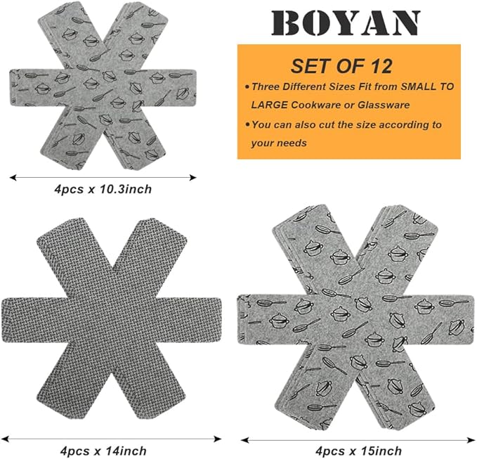 BOYAN Pot and Pan Protectors, Set of 12 and 3 Different Size, Cookware Protector Set/Felt Pots and Pans Divider Separator Pads Anti-Slip to Avoid Scratching or Marring When Stacking