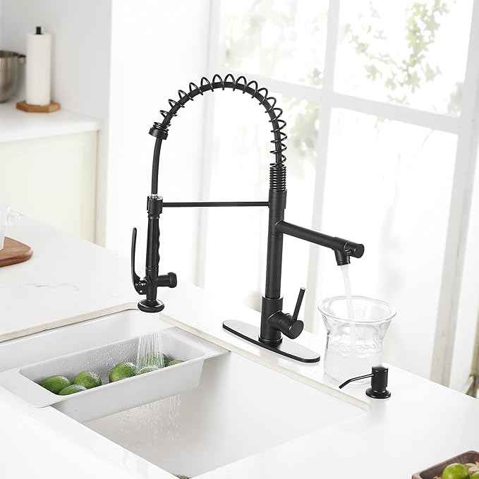 Fapully Commercial Pull Down Kitchen Sink Faucet with Sprayer Matte Black Single Handle Faucets for Kitchen Sink, Kitchen Faucet with Soap Dispenser and Deck Plack for 4 Hole