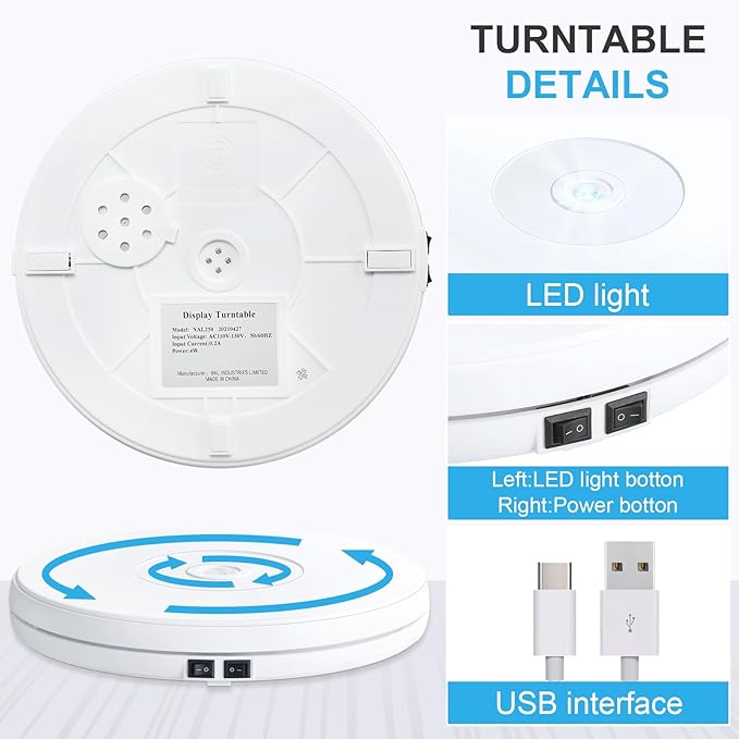 Tuanse 10 Inch Electric Motorized Rotating Turntable Cup Display Stand with LED, 44 lb Centric Loading for Table, 360 Degree Product Display Stand for Shop Jewelry Photography Video(White)