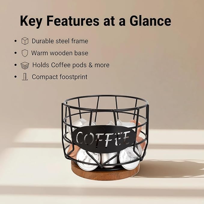 Coffee Pods Holder for Countertop, K Cup Holder Organizer, Sturdy Kcup Storage Basket with Wooden Base,Pod Capsule Container for Kitchen Bar Counter Office Desktop