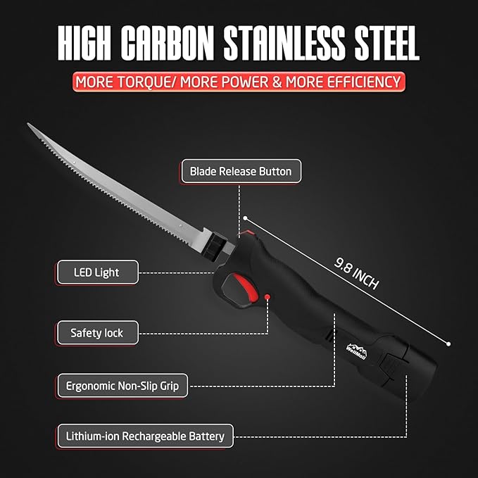 Fillet Knife - Electric Fillet Knife for Fish, Cordless Electric Knifes with Safe Lock, Non-Slip Grip Handle with 1 battery and 7"+9" blade