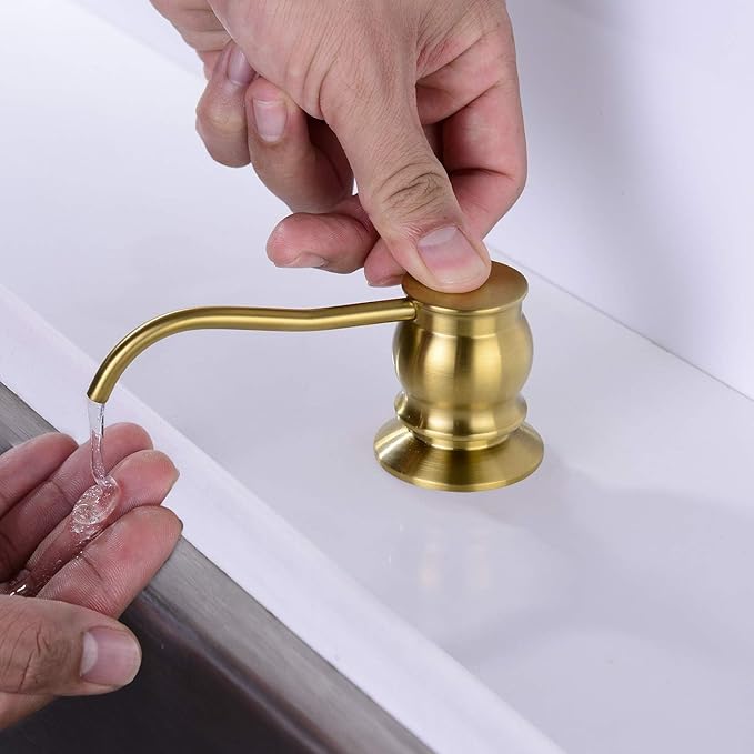 Built in Deck Mount Liquid Lotion Kitchen Countertop Metal Soap Dispenser, Brushed Gold Brass Dispenser Pump with 500ml (17oz) High Capacity Bottle