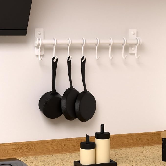 Dseap Kitchen Hooks for Hanging Utensils, Hanging Pot Rack, Kitchen Utensil Hanger Rail with 8 Hooks for Pots Pans, Spoons, Mugs, Wall Mounted, Stainless Steel, White, Pack of 2