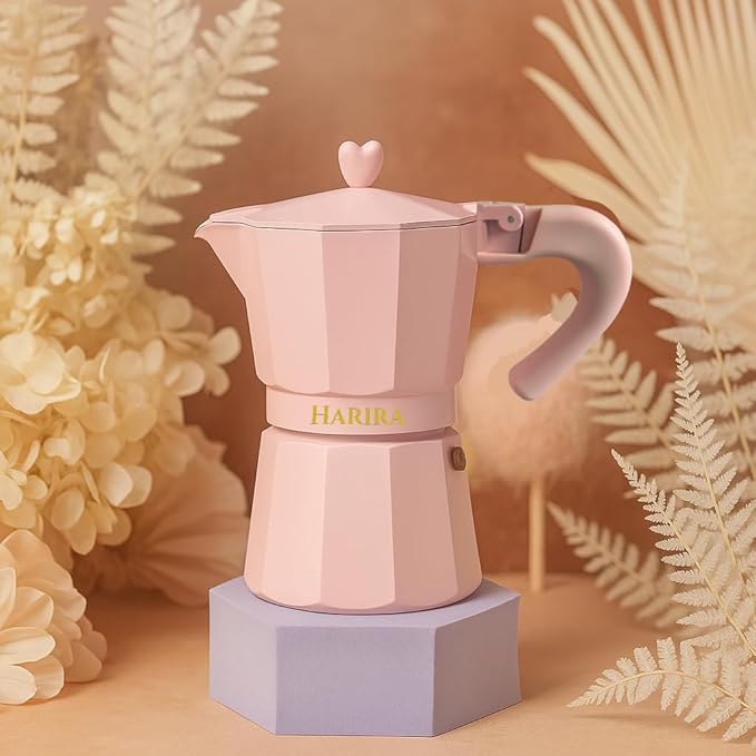 HARIRA 9 Cup Stovetop Espresso Maker Italian & Cuban Style Coffee Pot, Durable Aluminum Moka Pot with Ergonomic Handle, Rich Aromatic Brew, Pink Coffee Maker for Home or Travel