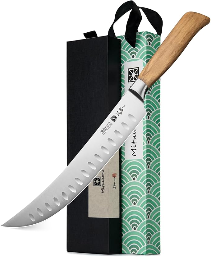 Mitsuharu 10" Butcher Knife, SHOMAN Series Curved Cimitar Breaking Knives, with Ergonomic Olive Wood Handle, German Steel Carving, Sharp Meat Slicing for Roast Ham with Case (Butcher Knife)