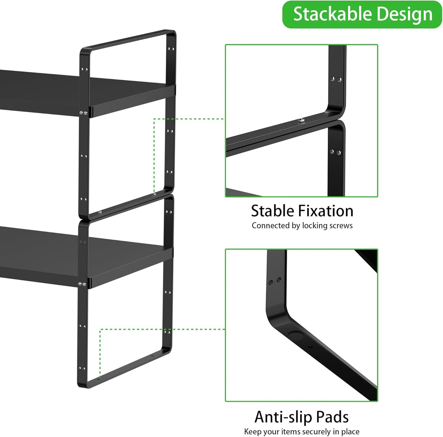 Expandable Cabinet Storage Shelf, Stackable Organizer Rack for Kitchen Bathroom Pantry Spice Cupboard Countertop Home Office Desk, Heavy Duty, Black Large 1 PACK, 10.2 Inch Depth