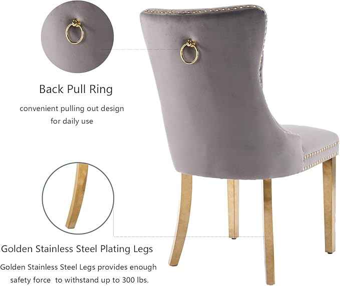 Grey Velvet Dining Chairs Set of 6, Upholstered Dining Room Chairs with Back Ring Pull Trim and Golden Stainless Steel Legs,Modern Kitchen Chairs for Dining Room,Living Room,Kitchen(Grey)