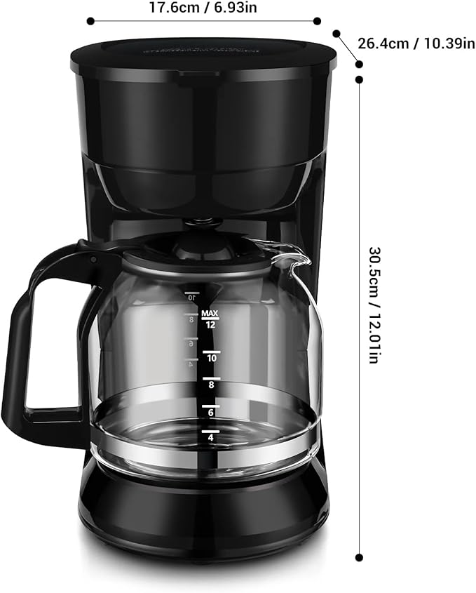 12-Cup Coffee Maker with Easy On/Off Switch, Easy Pour, Non-Drip Carafe with Removable Filter Basket,Keep Hot Plate,Clear Water Level Window Coffee Machine, Black (Black)