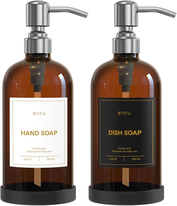 Kitchen Soap Dispenser Set – 16.8oz/500ml Glass Hand and Dish Soap Dispenser with Stainless Steel Pumps & Non-Slip Silicone Base, Luxury Countertop Decor for Home, Airbnb, Spa (Amber & Silver)
