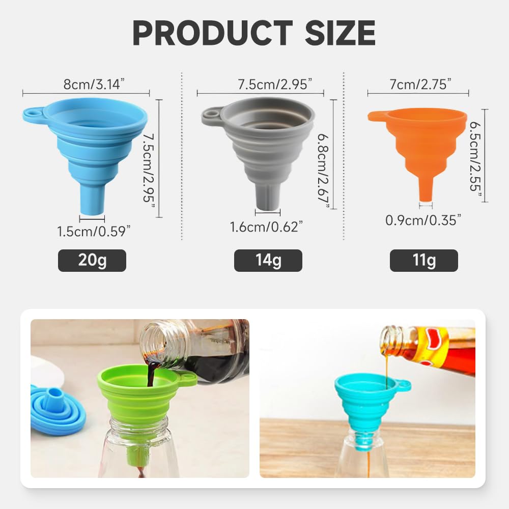 Kitchen Funnel Set, 2025 Upgrade Silicone Collapsible Funnel Silicone Collapsible Food Funnels for Kitchen 3 Sizes Funnels for Home Use Filling Bottles Daily Cooking (Red, 1Set 11+14+20g)