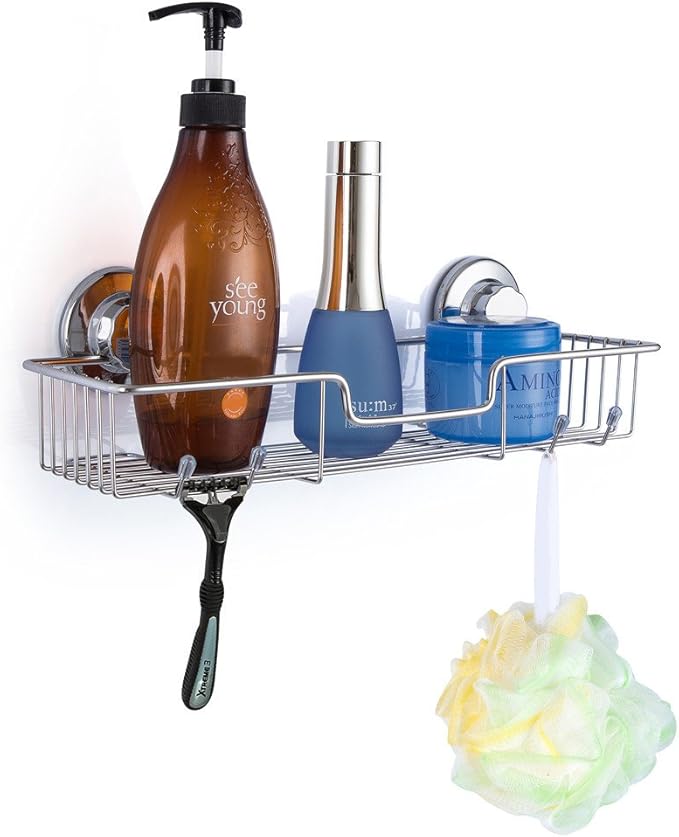 SANNO Suction cups Shower Caddy Soap Dish Double Bath Hook-Bath Organizer Kitchen Storage Basket for Shampoo, Conditioner, Soap- Anti Rust stainless steel (set of 3)