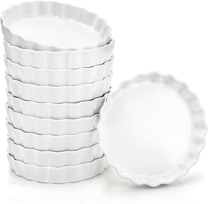 Foraineam 10 Pack 8 oz Creme Brulee Ramekins, 6 Inch Round Fluted Quiche Dishes, Porcelain Pie Pan Shallow Baking Dish Oven Safe for Baking Souffle, Apple Pie, Quiche, Tart