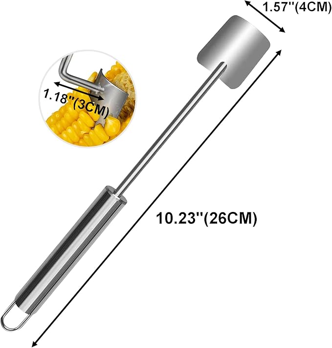 Long Handle Widen Shovel Surface Stainless Steel Corn Cutter with Hook,Corn Cob Stripper Tool,Corn Peeler for Corn on the Cob,Corn on the Cob Remover,Corn Stripper - Silver