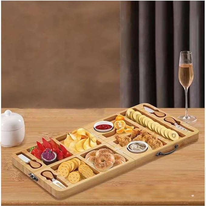OUTMX Bamboo Cheese & Charcuterie Board Set, Large Foldable Cutting Board with Knife, Snack and Fruit Platter for Cheese, Bread, Butter – Perfect Wedding, Bridal Shower & Party Gift